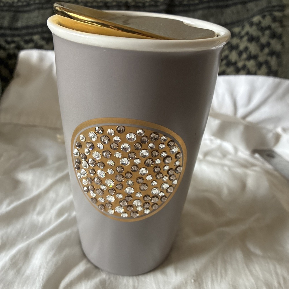 Starbucks Swarovski 2015 Ceramic Tumbler Travel Cup Ltd Edition Gold Lid 12 oz